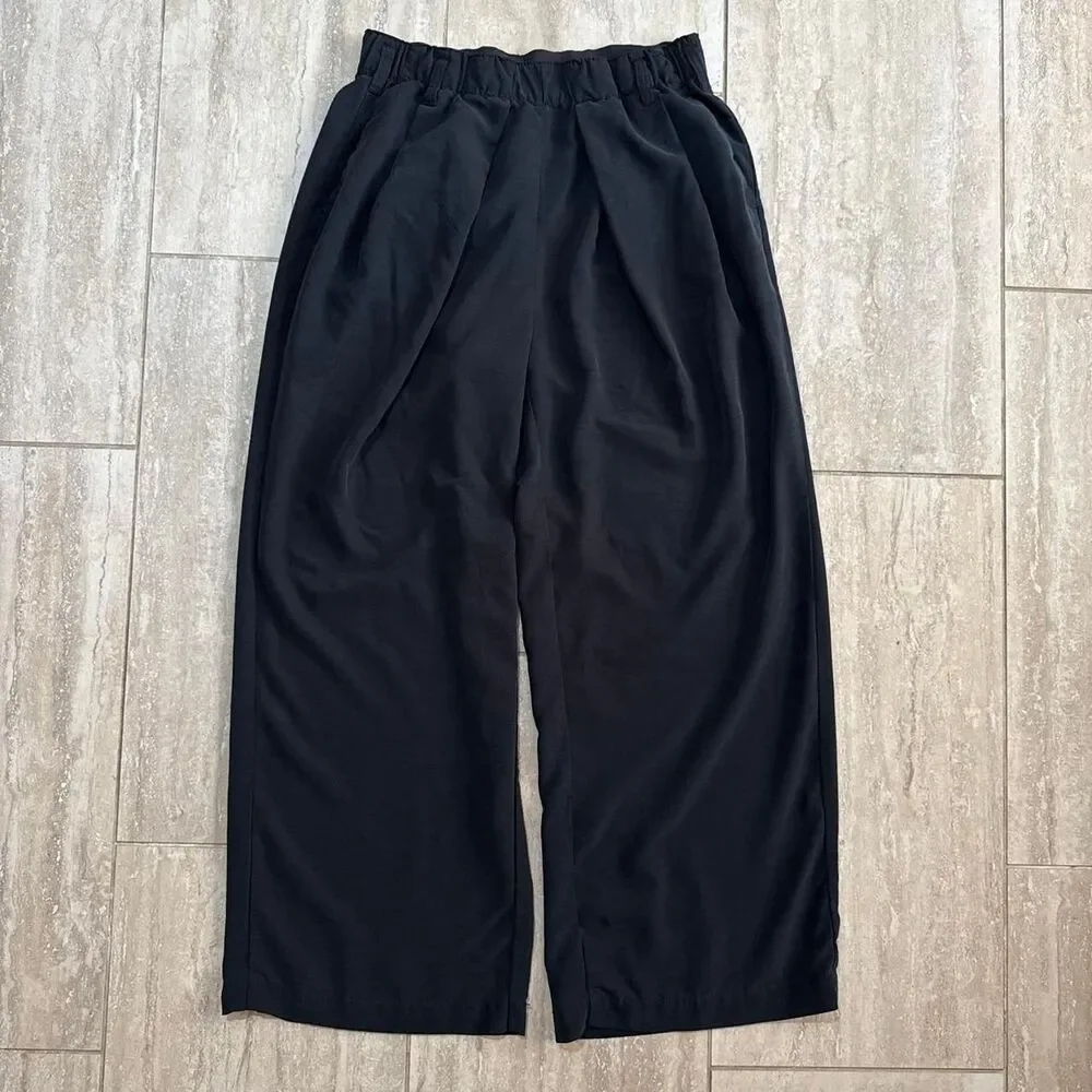 Free People Black Wide Leg Pants Pleated Elastic Waist Flowy Trouser Boho Small